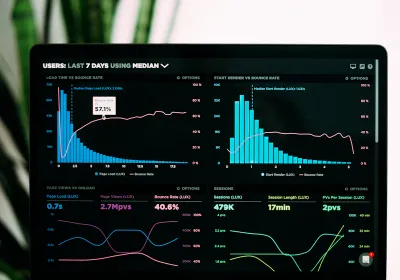 Laptop screen showing performance analytics charts and graphs
