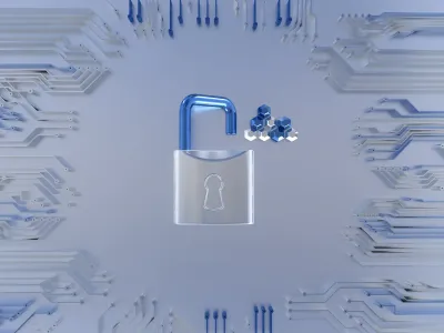 A padlock icon overlaid on a laptop screen showing a small business website