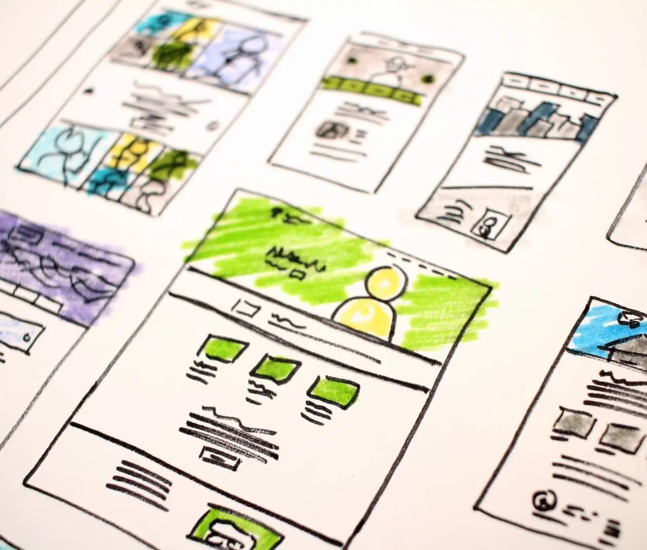 Storyboard sketches for a website interface design, with black and white drawings and yellow and green highlights.