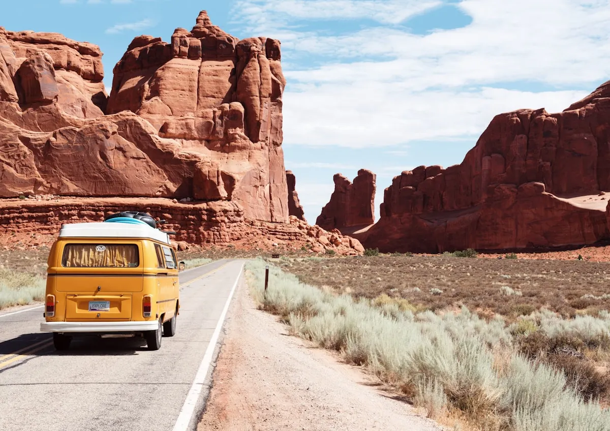 Red rock canyon landscape in Southern Utah with blue sky